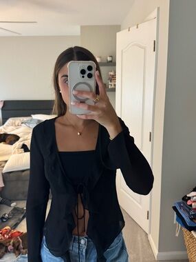 Garage Black Sheer Ruffle Tie-Front Blouse